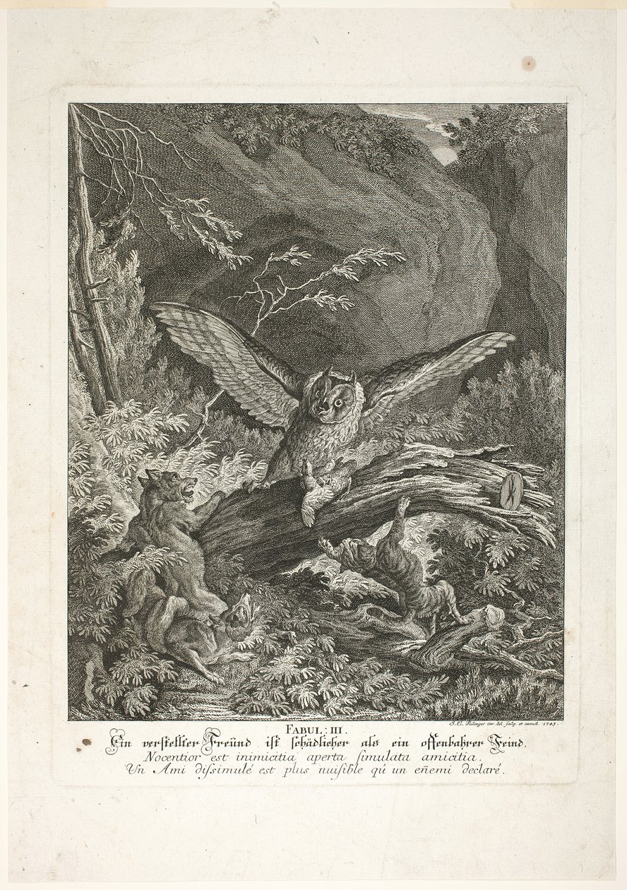 Fabel III, plaat drie uit Lehrreiche Fabeln aus dem Reiche der Theire door Johann Elias Ridinger