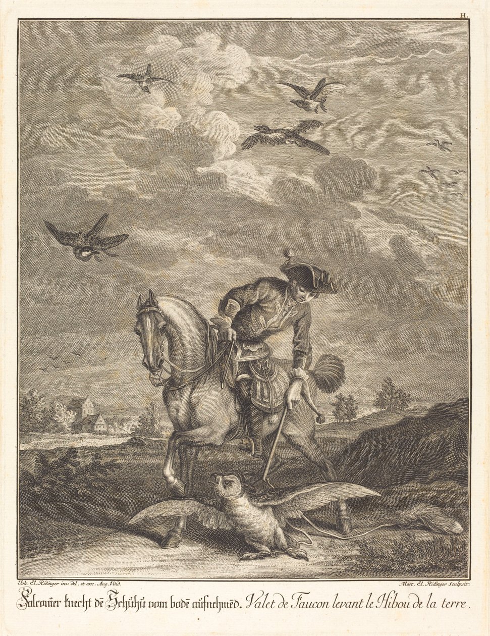 Valkenier tilt een uil van de grond door Johann Elias Ridinger