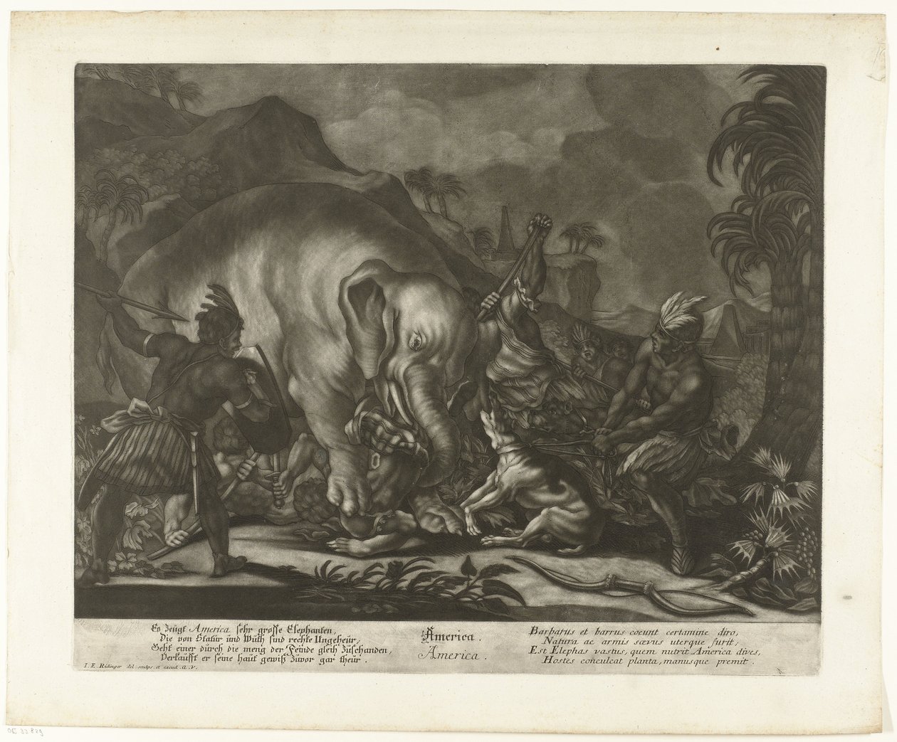 Jacht op olifanten door Johann Elias Ridinger