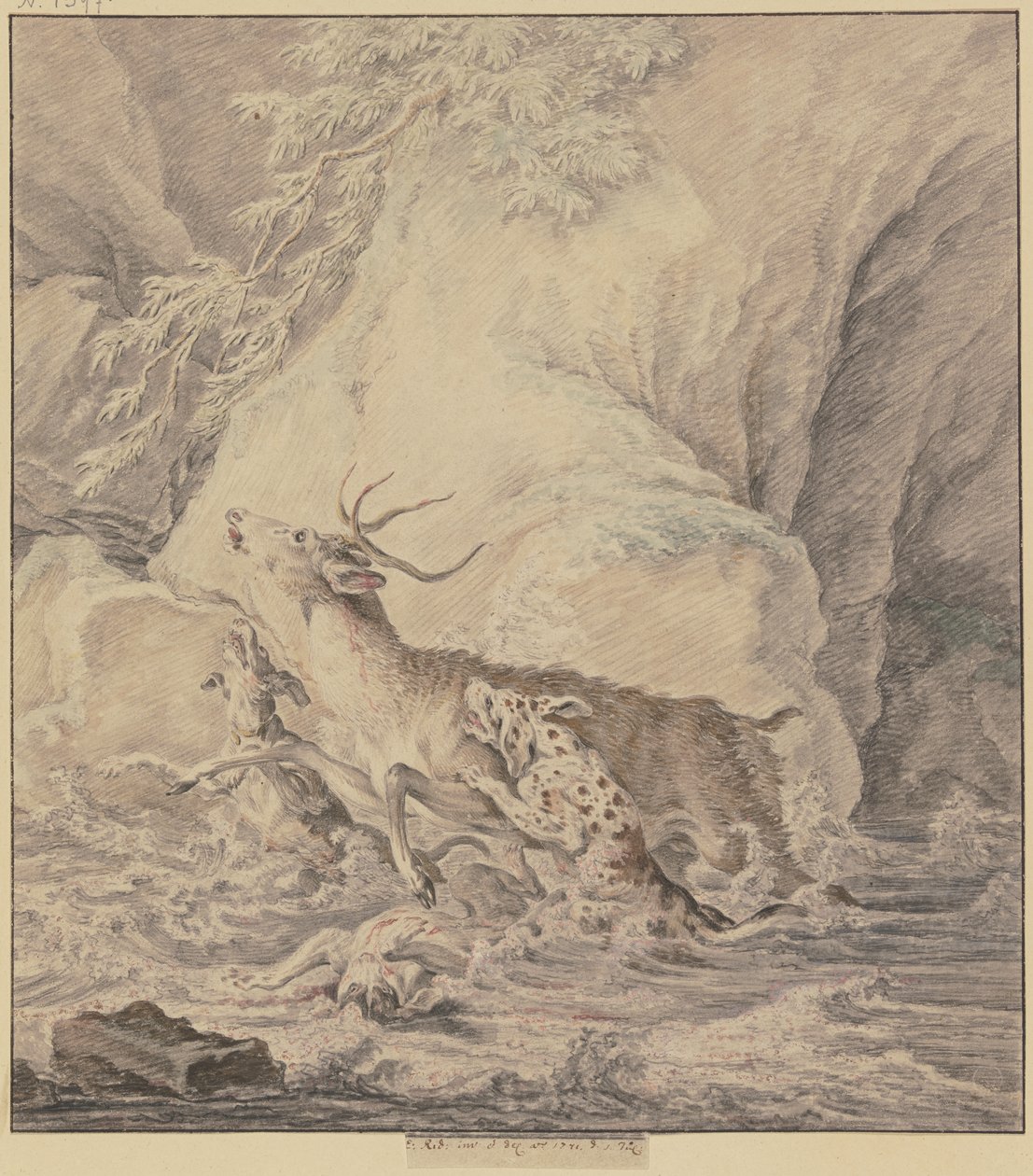 Gewond hert, door twee honden door het water opgejaagd, een derde hond ligt gewond in het water door Johann Elias Ridinger