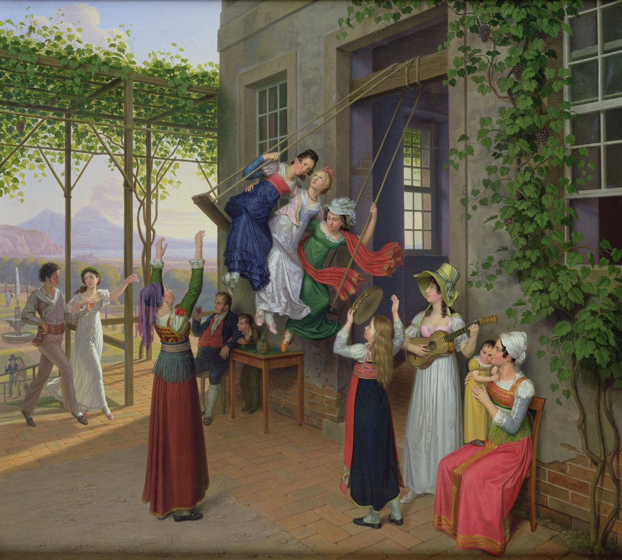 Jongeren spelen op een schommel in een tuin nabij Napels, 1823 door Johann Erdmann Hummel