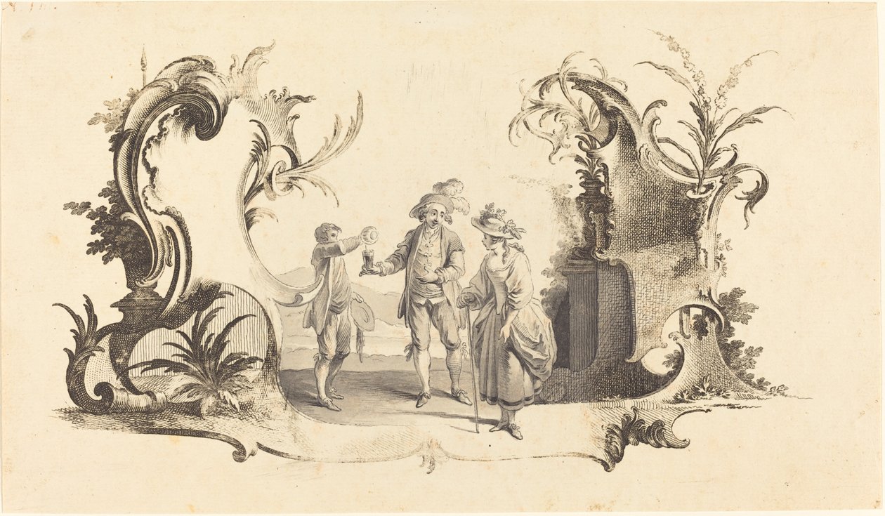 Moderne cartouche met een jong stel dat wijn krijgt geserveerd door Johann Esaias Nilson