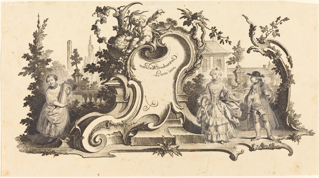 Cartouches Modernes versierd met verschillende Figuren (Plate VI-1 uit de set) door Johann Esaias Nilson
