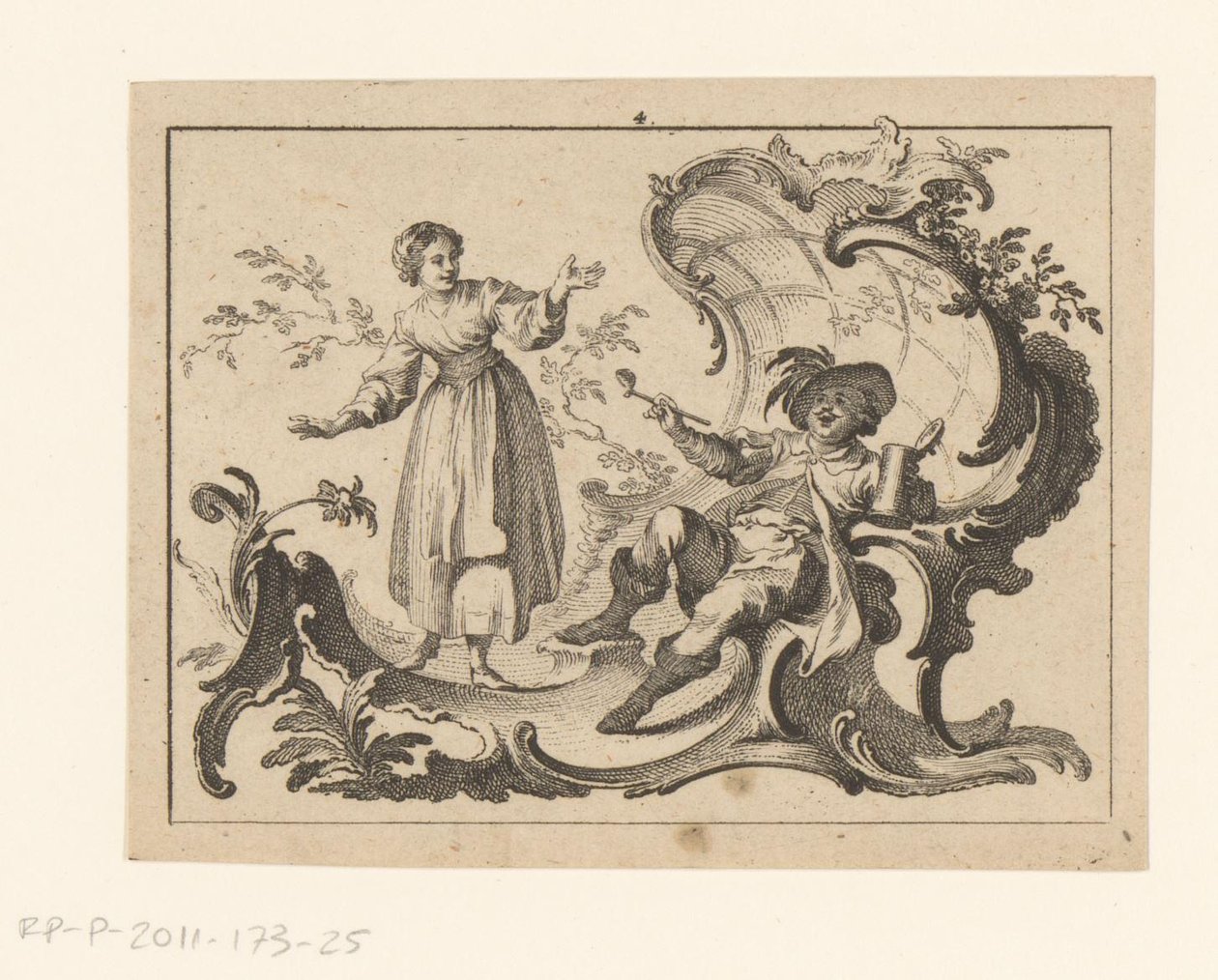 Pijprokende en drinkende man gezeten op een rococo-ornament (Rokers op rococo-ornament) door Johann Esaias Nilson