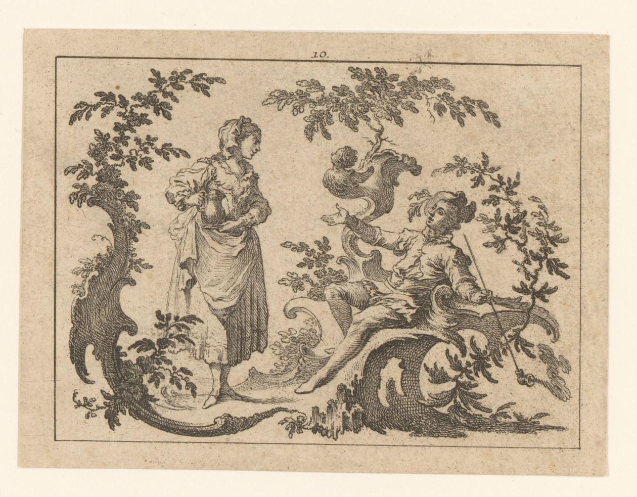 Pijprokende zittende man, naast hem een staande vrouw met kruik op een rococo-ornament door Johann Esaias Nilson