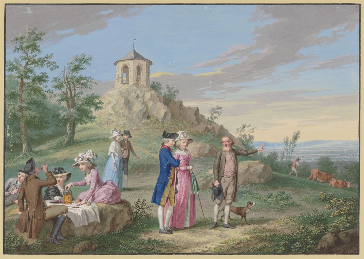 Gezelschap van dames en heren rustend in de openlucht aan de voet van een heuvel met een tempeltje, terwijl een gids een jong paar het landschap toont door Johann Friedrich August Tischbein