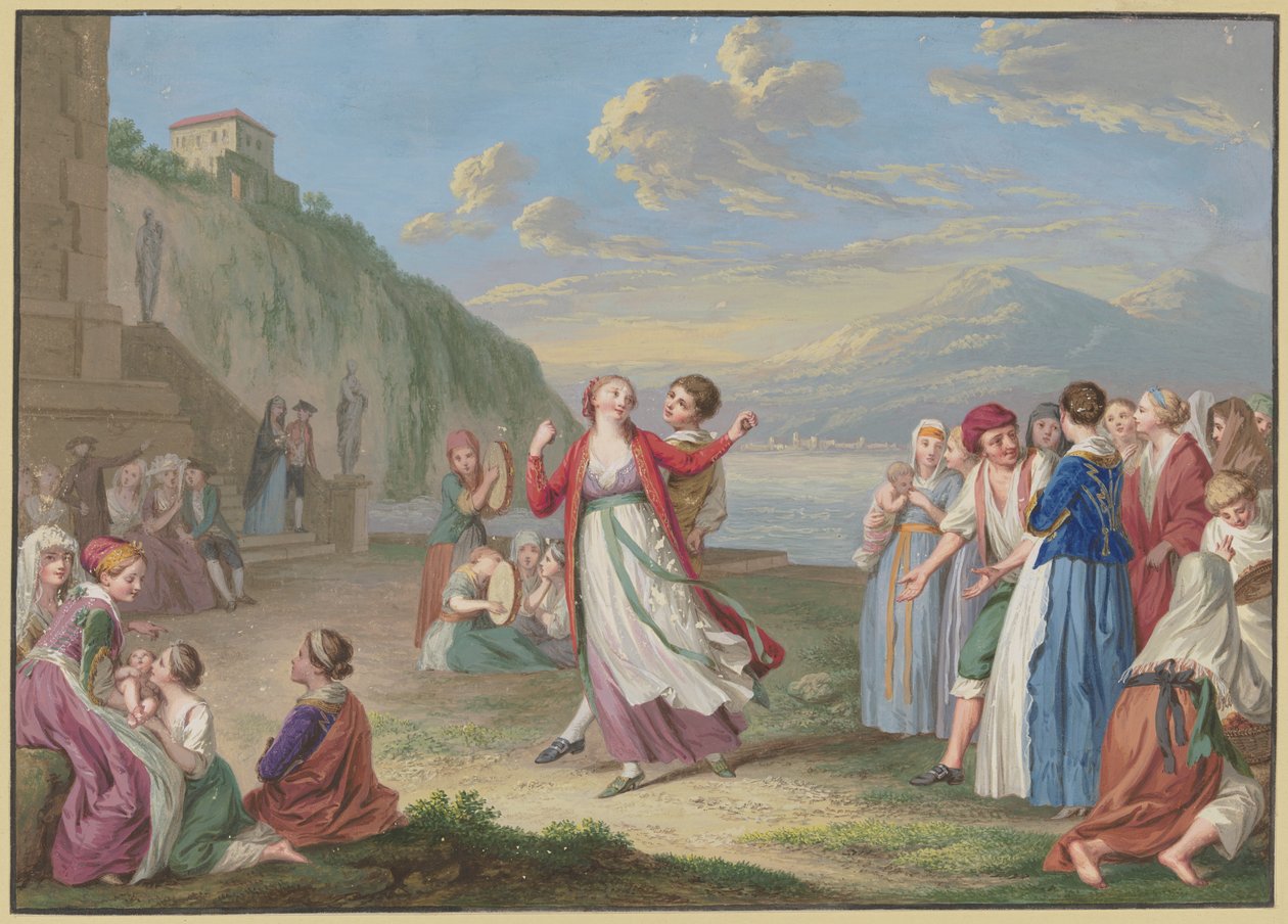 Italiaanse plattelandsbewoners vermaken zich aan de oever van het meer met spel en dans, met hoge bergen op de achtergrond door Johann Friedrich August Tischbein