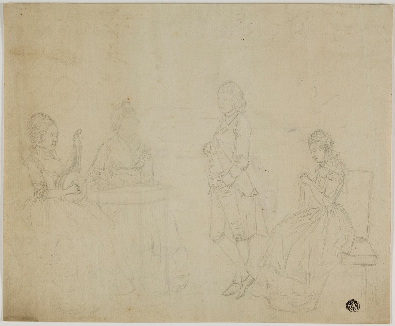 Schets van een familie met drie zittende vrouwen en een staande jongeman door Johann Friedrich August Tischbein