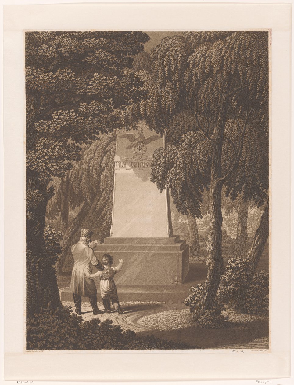 Man met een kind voor een monument voor een omgekomen legerofficier door Johann Friedrich Frick