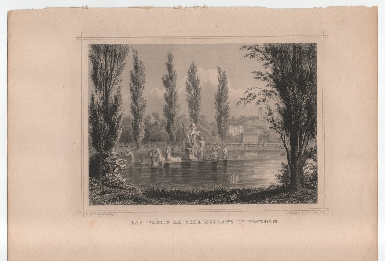 Het bassin op Schlossplatz in Potsdam, rond 1855 (gravure) door Johann Gabriel Friedrich Poppel