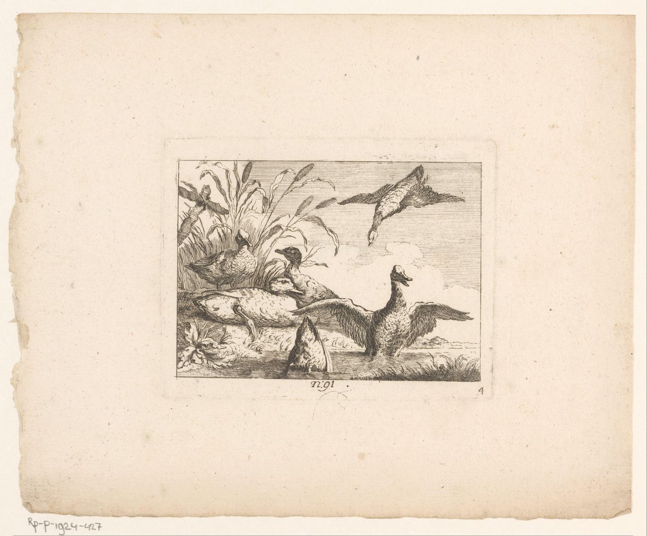 Landschap met zes eenden door Johann Georg Hertel (I) (possibly)