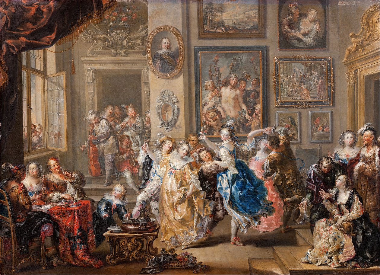 Dansscène met paleisinterieur door Johann Georg Platzer
