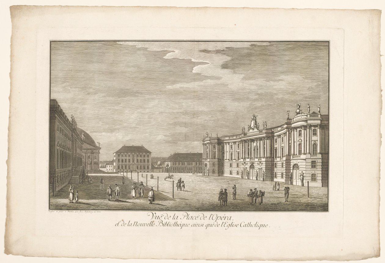 Gezicht op de Bebelplatz in Berlijn met de Alte Bibliothek en het Altes Palais en de Sint-Hedwigskathedraal door Johann Georg Rosenberg