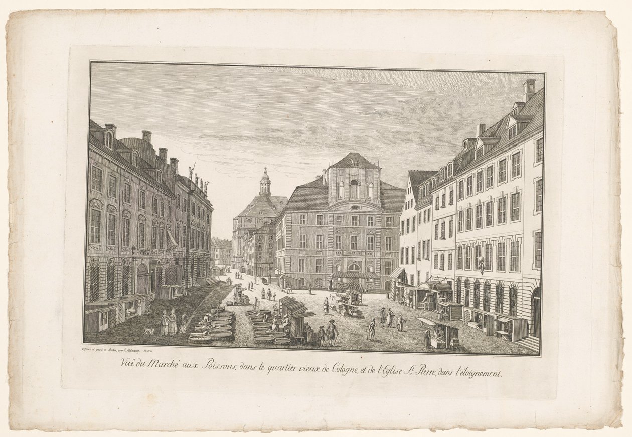 Gezicht op een vismarkt in Keulen met de Sint-Petruskerk door Johann Georg Rosenberg