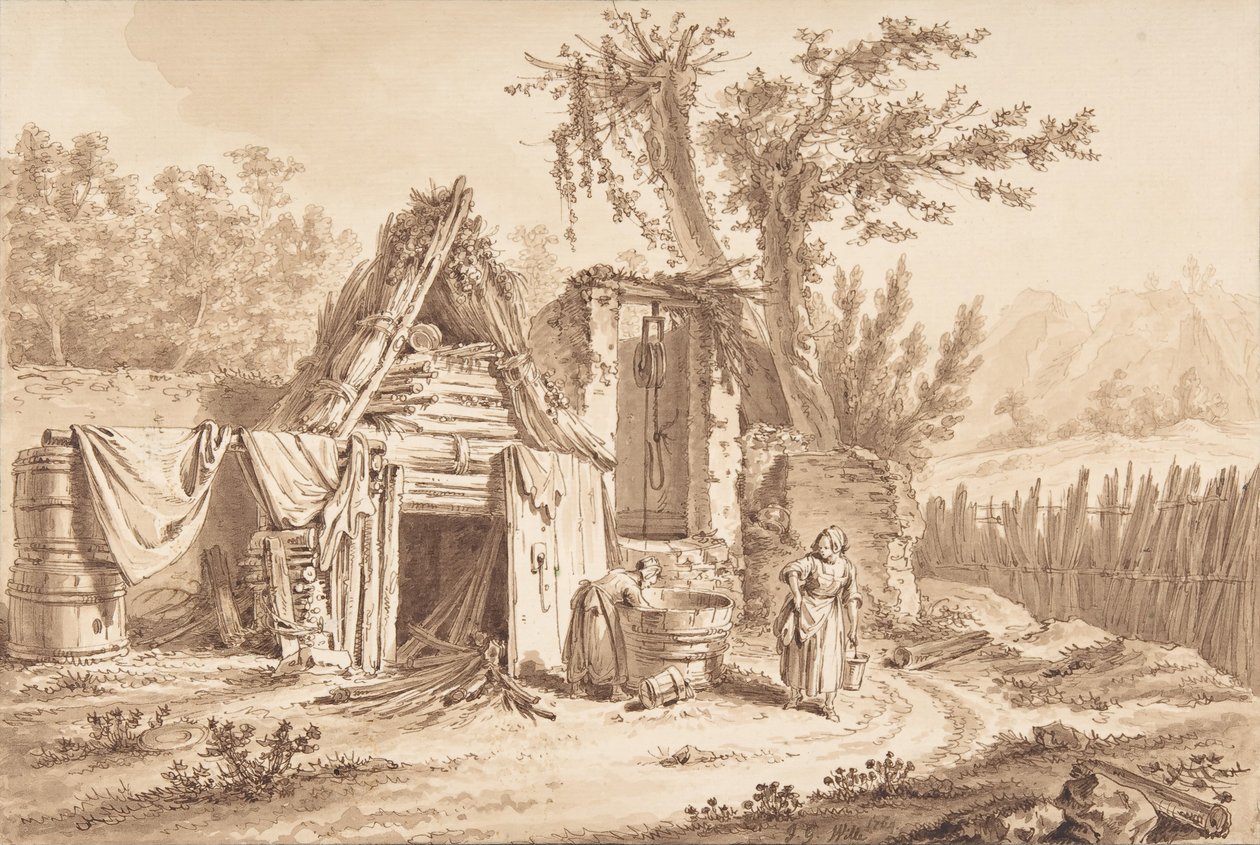 Wasvrouwen voor een huisje, 1769 door Johann Georg Wille