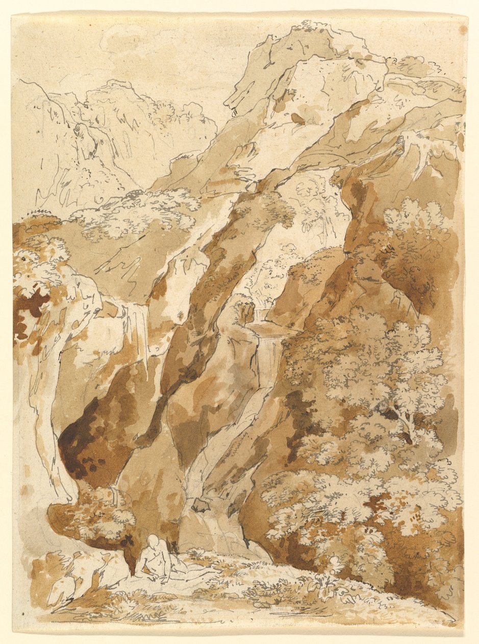 Liggende man in een berglandschap met watervallen door Johann Georg von Dillis