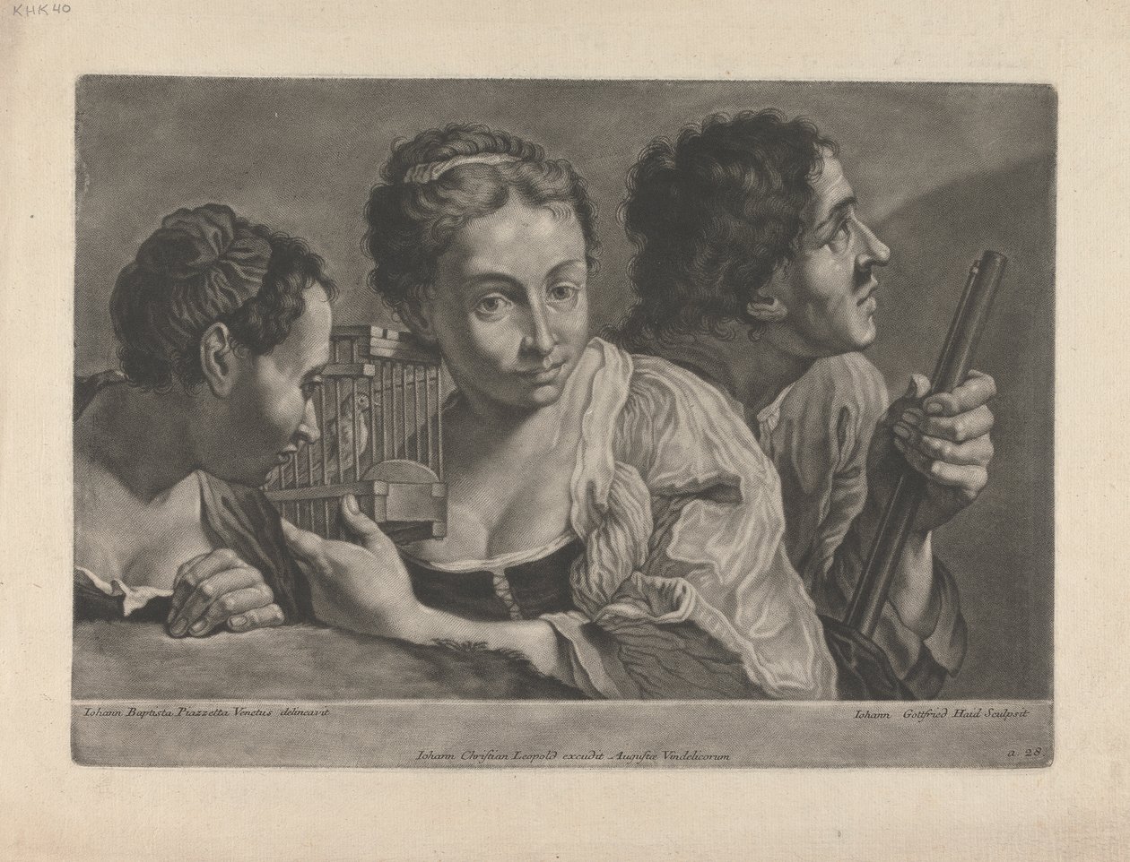 Twee vrouwen luisteren naar een vogel, met een man die een geweer vasthoudt door Johann Gottfried Haid