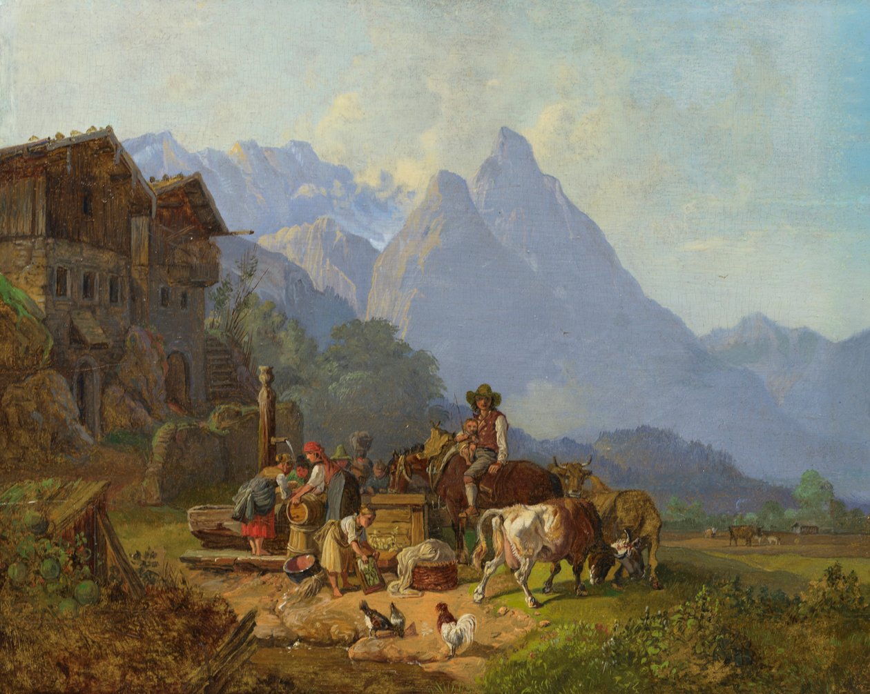 Heinrich Bürkel Bergdorp met fontein c1845 door Johann Gottfried Steffan