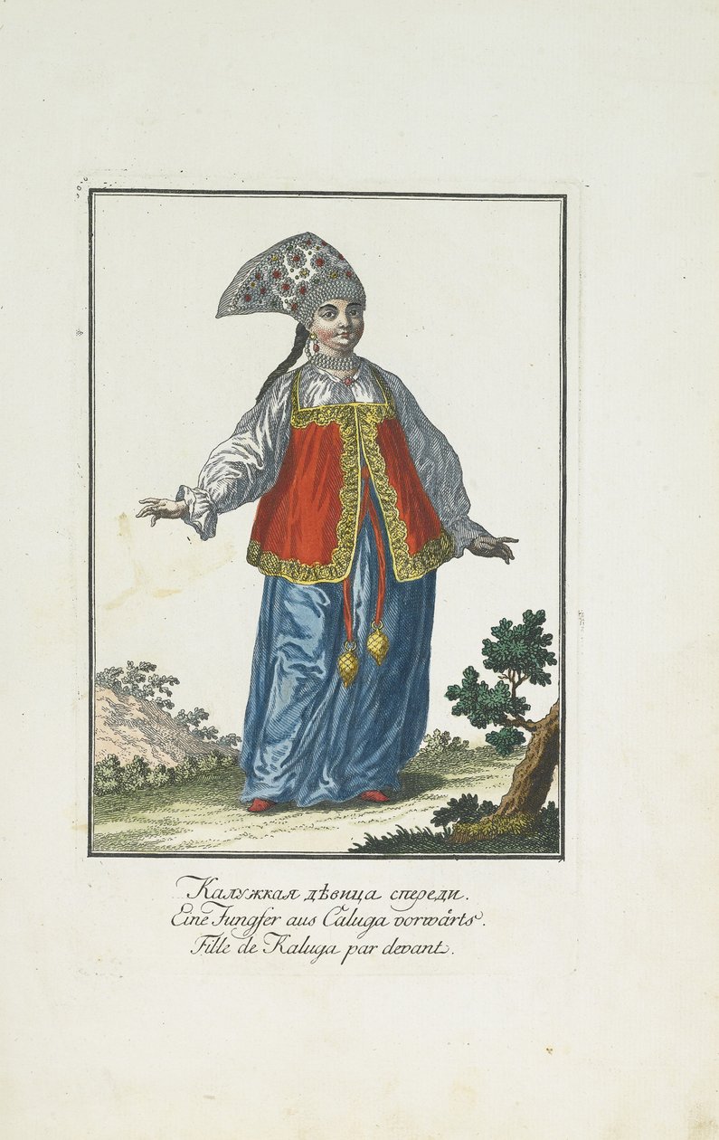 Een meisje uit Kaluga in feestelijke kleding door Johann Gottlieb Georgi