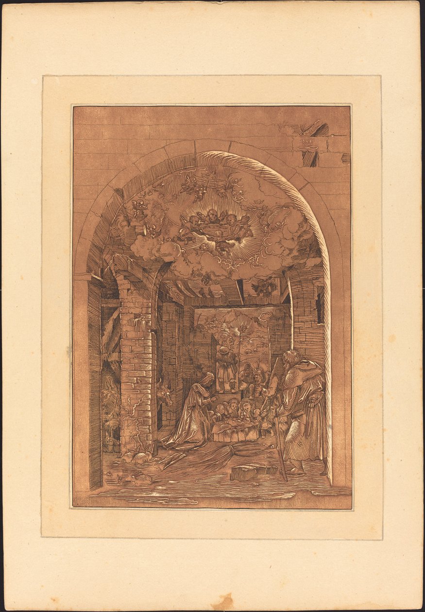 De aanbidding van de herders door Johann Gottlieb Prestel after a 16th Century German Artist