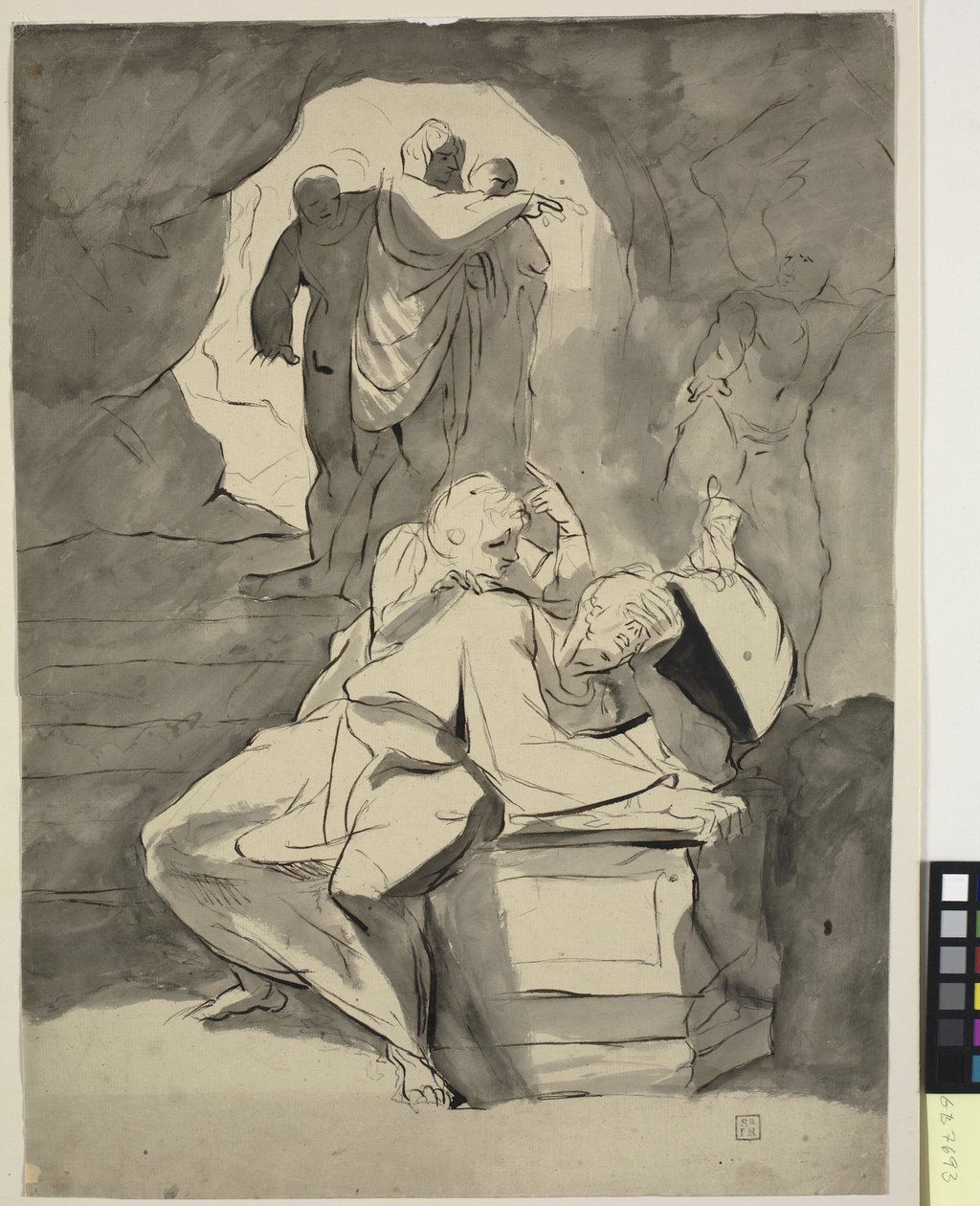 Een man in wanhoop bij een grafsteen in een grot met andere figuren door Johann Heinrich Füssli
