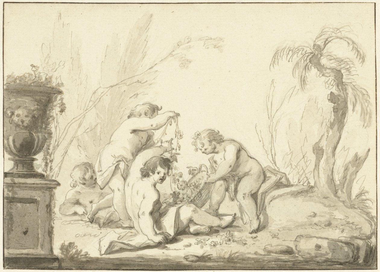 Allegorische voorstelling met kinderen met een mand met bloemen door Johann Heinrich Keller (II)