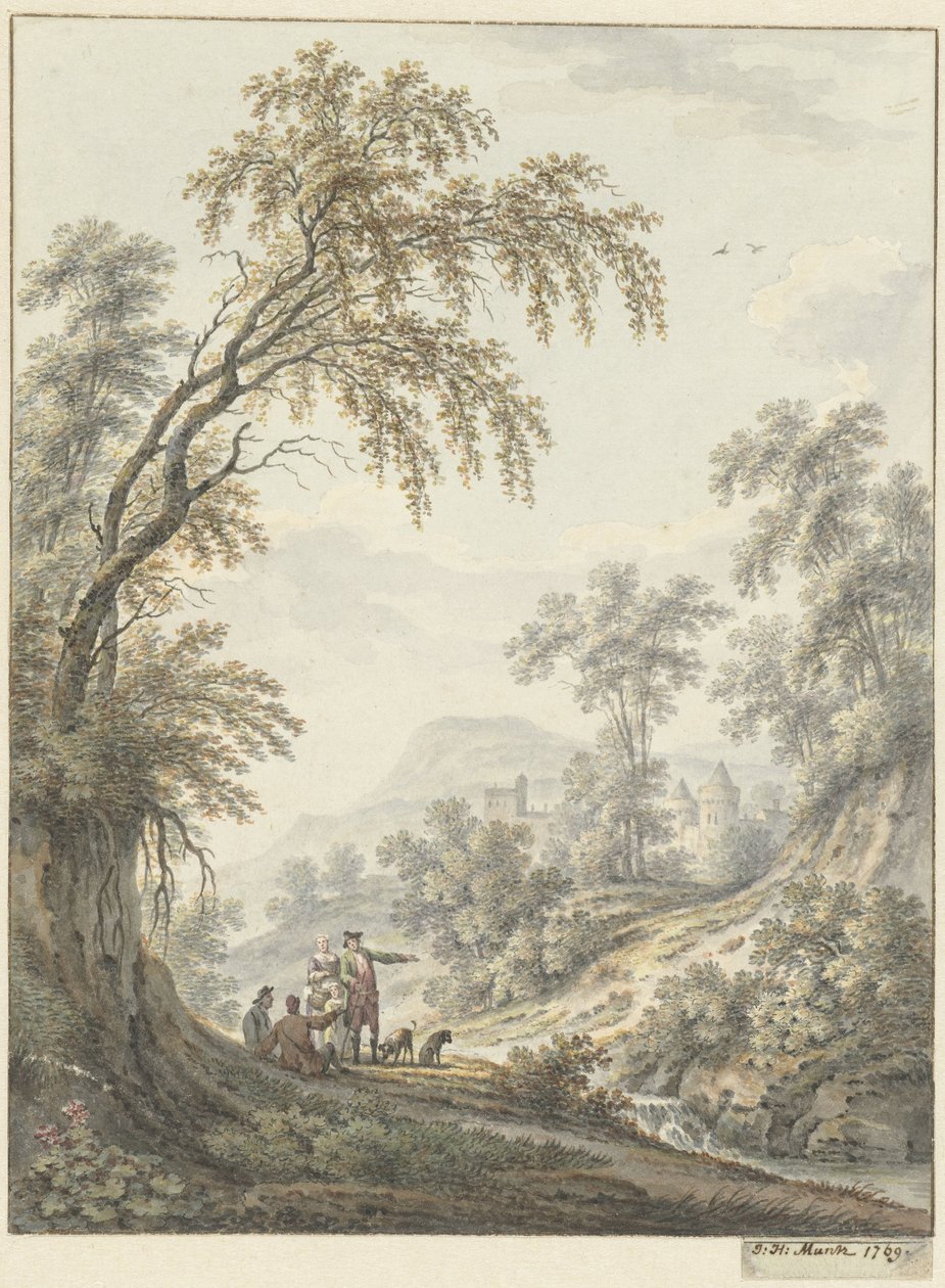 Landschap met watervalletje en in de verte een kasteel door Johann Heinrich Muntz