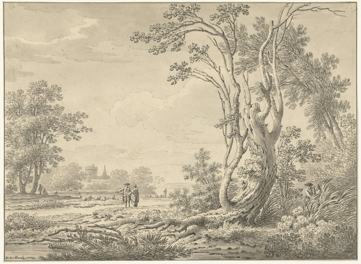 Zuidelijk landschap met kasteel, vee en wandelaars door Johann Heinrich Muntz