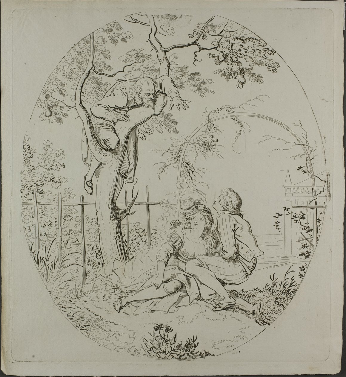 Man met baard bespiedt geliefden onder een prieel door Johann Heinrich Ramberg