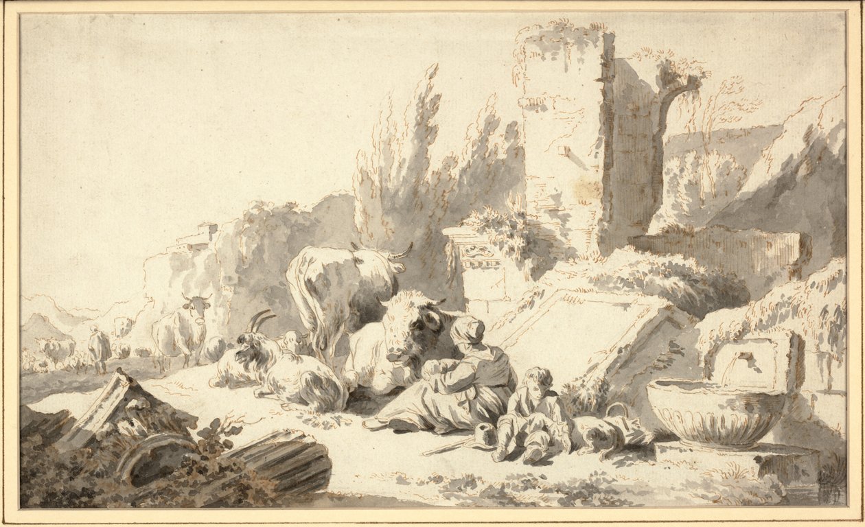 Een veedrijver met zijn familie en vee naast klassieke ruïnes door Johann Heinrich Roos