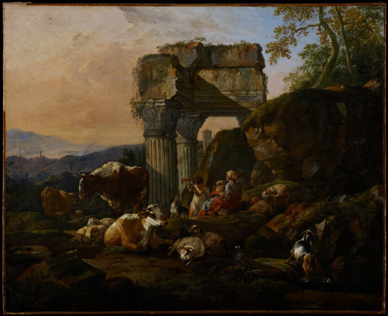 Romeins landschap met vee en herders, 1676 door Johann Heinrich Roos