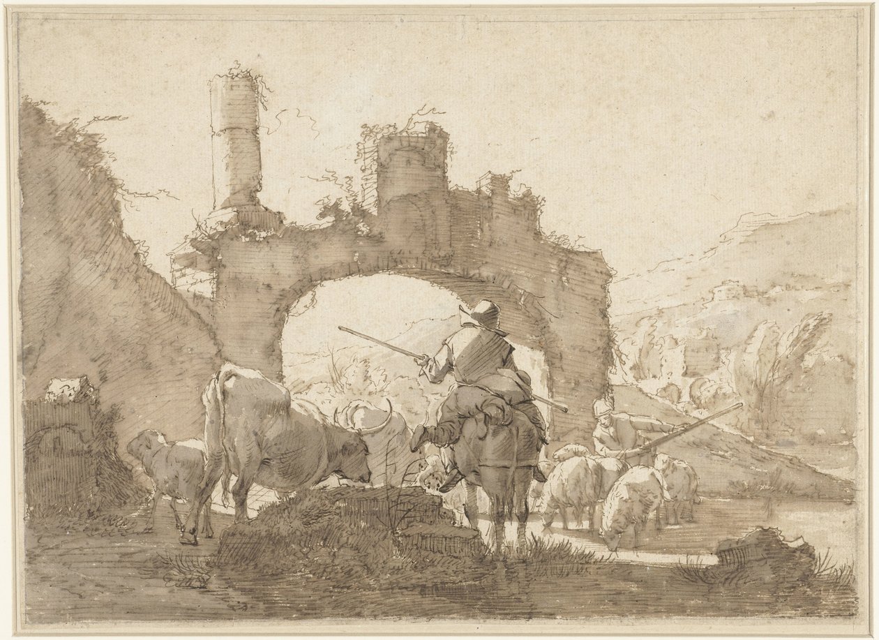 Twee herders drijven hun vee door een rivier door Johann Heinrich Roos