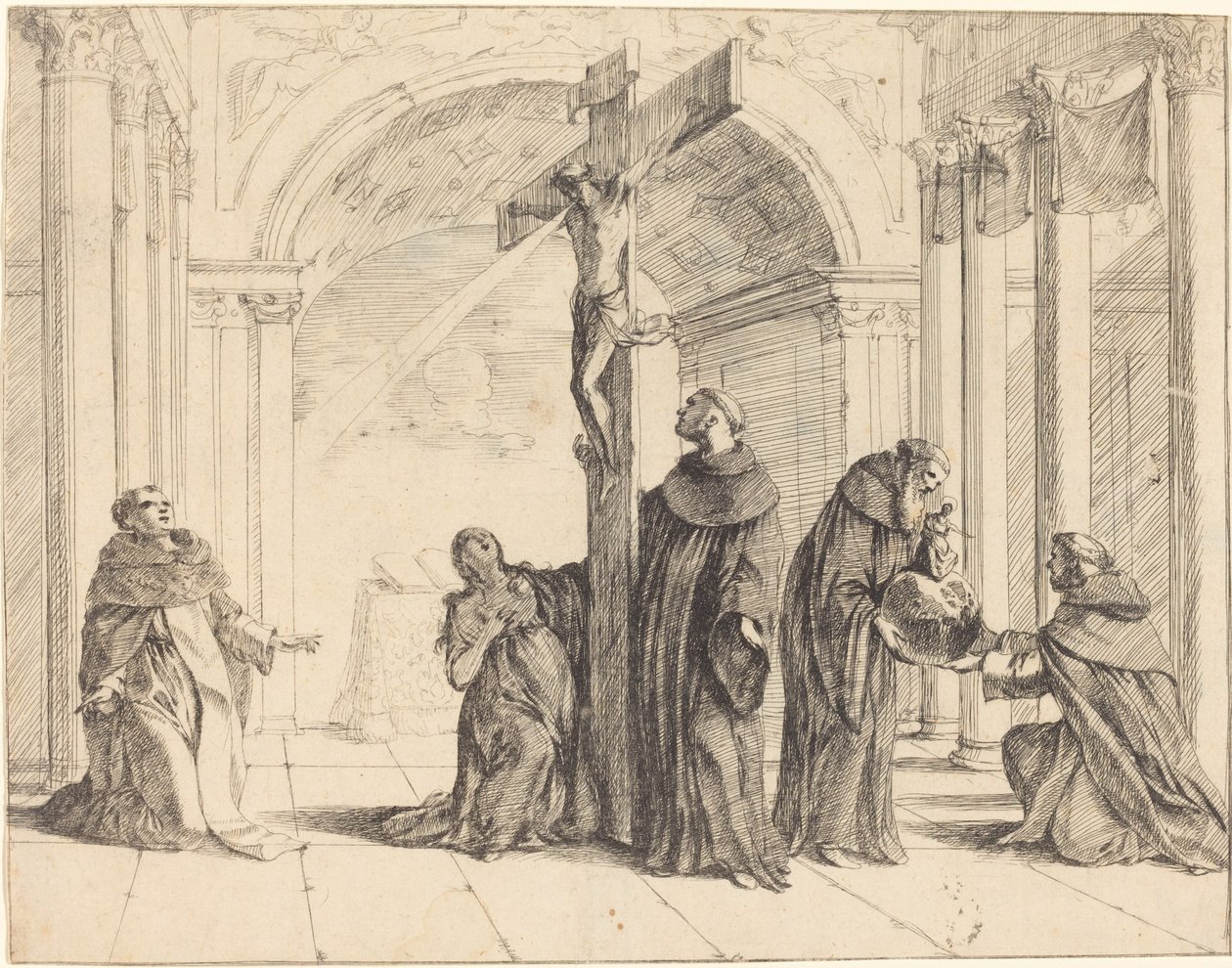 Een kruisbeeld in een kerk met heiligen Thomas van Aquino, Maria Magdalena, Albertus Magnus en anderen door Johann Heinrich Schönfeld
