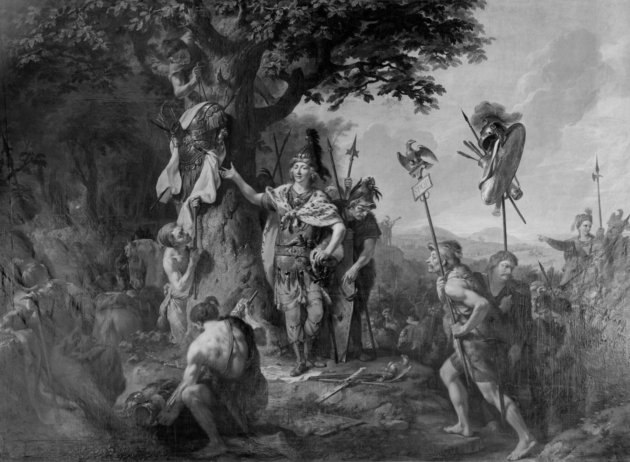 Hermann viert de overwinning na de slag in het Teutoburgerwoud door Johann Heinrich Wilhelm Tischbein