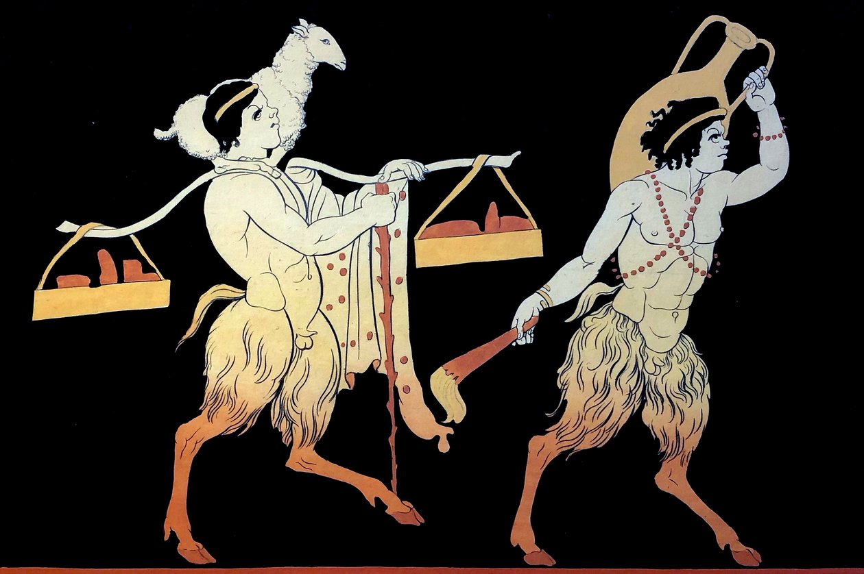 Twee faunen die tributen en offers naar het Dionysia-festival dragen met een draagstok. Ca. 1796. door Johann Heinrich Wilhelm Tischbein
