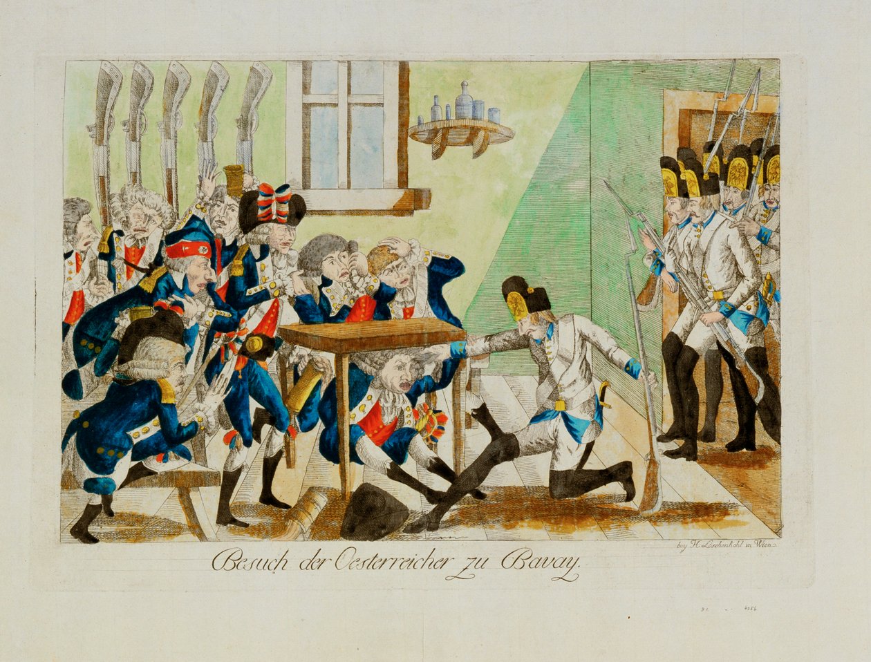Oostenrijkse soldaten verrassen een Frans detachement in zijn kwartieren bij Bavai ... (gravure) door Johann Hieronymus Loeschenkohl