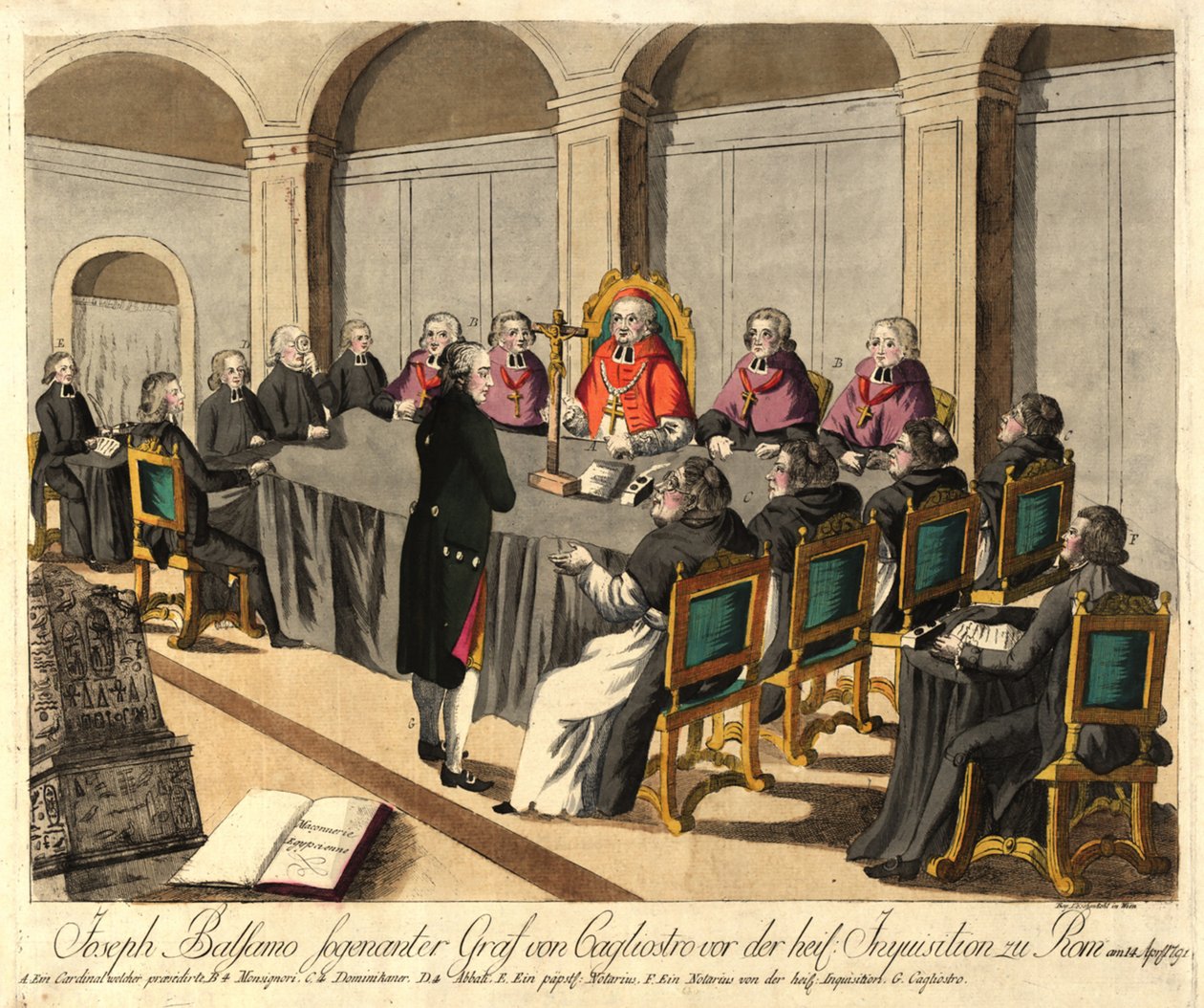 Joseph Balsamo, graaf van Cagliostro, voor de Inquisitie in Rome op 14 april 1791 door Johann Hieronymus Loeschenkohl
