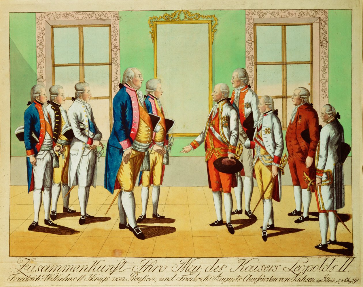 Ontmoeting van keizer Leopold II met koning Friedrich-Wilhelm III van Pruisen en keurvorst Friedrich August van Saksen in kasteel Pilnitz ... (gravure) door Johann Hieronymus Loeschenkohl