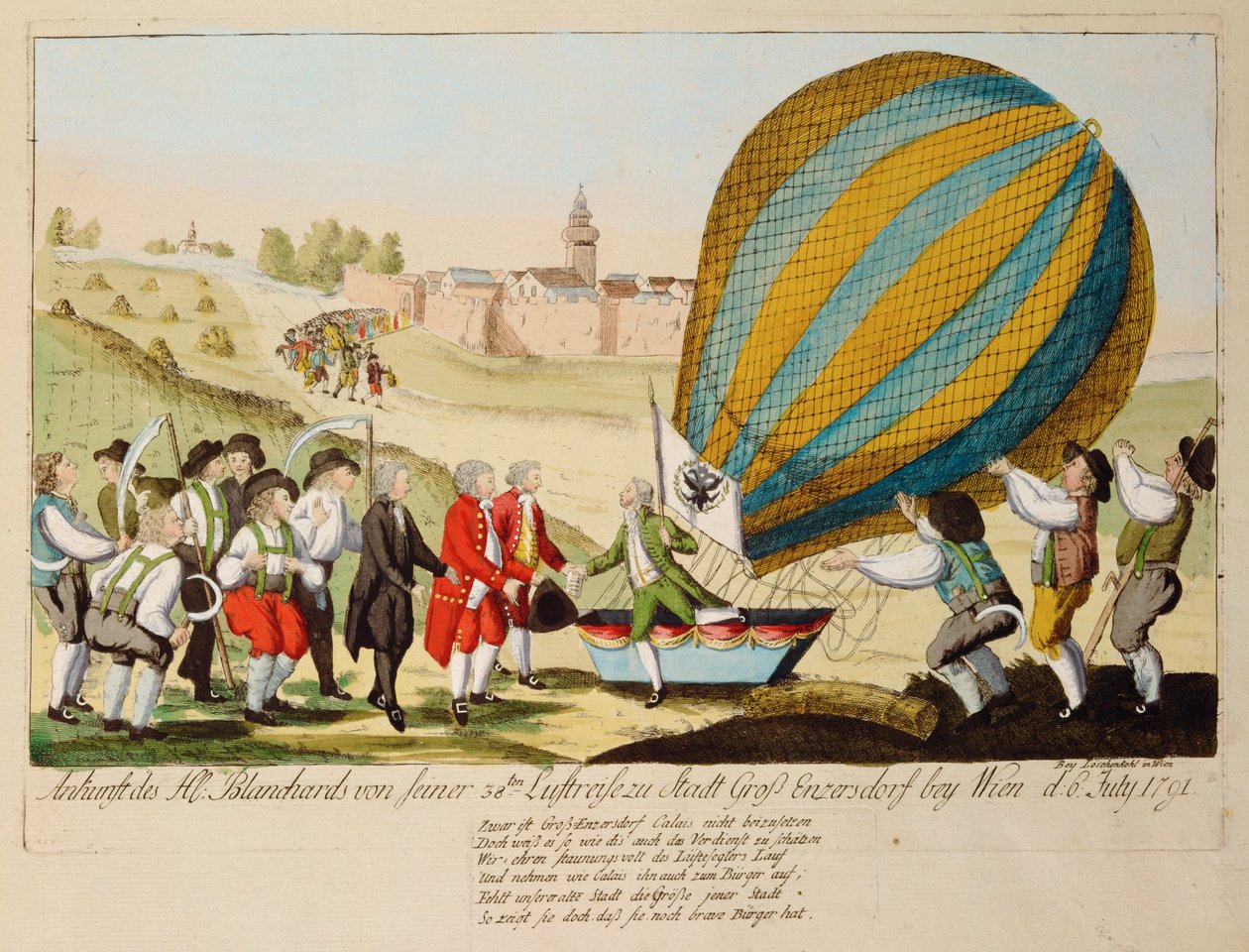 Terugkeer van M. Blanchard van zijn 38e vliegreis ... (gravure) door Johann Hieronymus Loeschenkohl