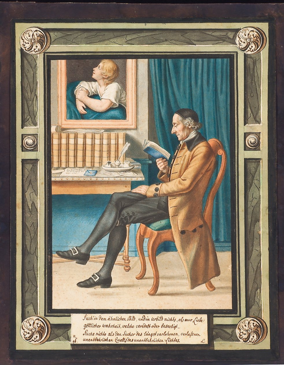 Portret van Johann Caspar Lavater (1741-1801), in profiel naar links, zittend en een boek lezend door Johann Jacob Lips
