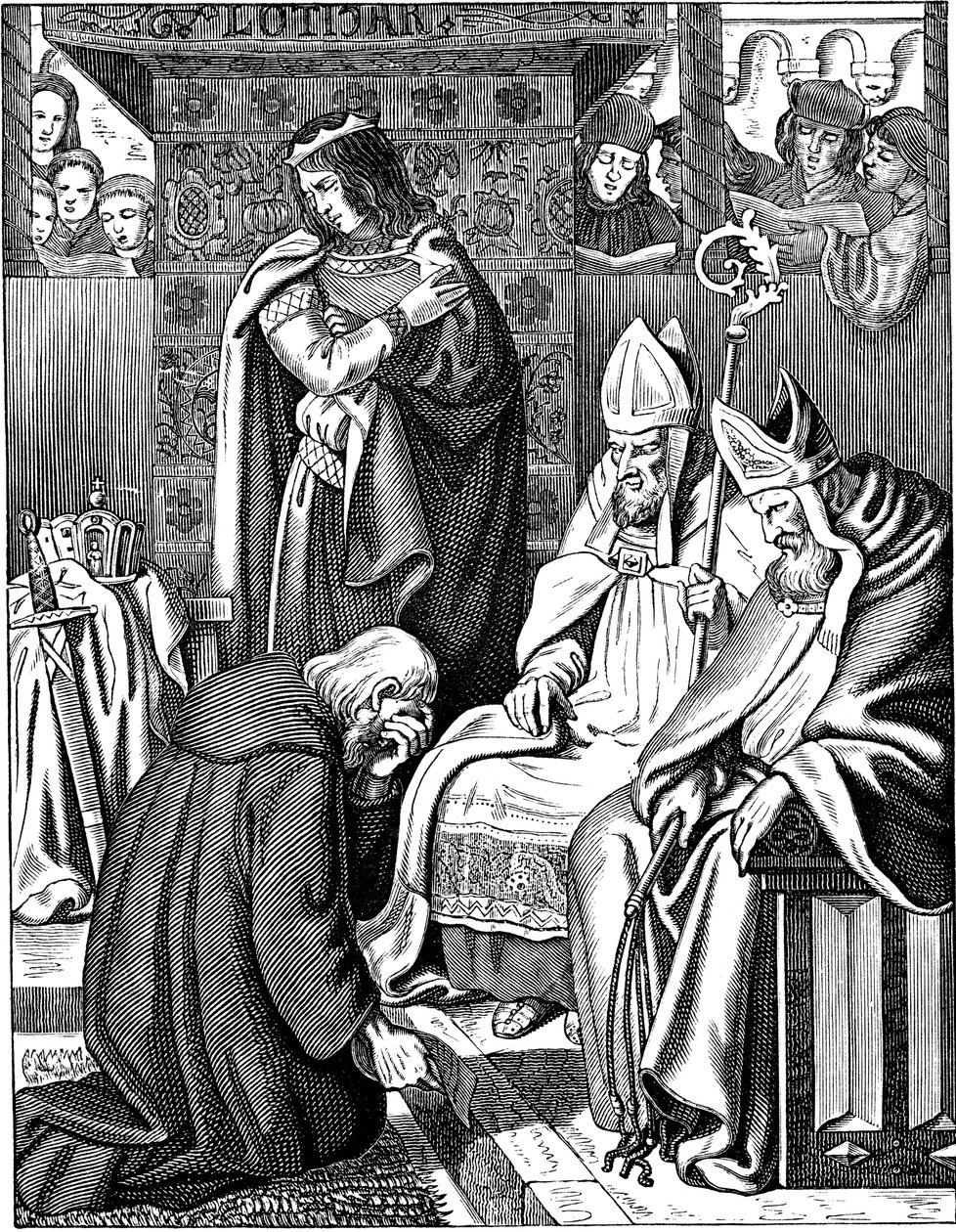 Lodewijk de Vrome doet boete in Attigny in 822 Illustratie uit de Geschichte des deutschen Volkes door E. Duller, 1840 door Johann Jakob Kirchhoff