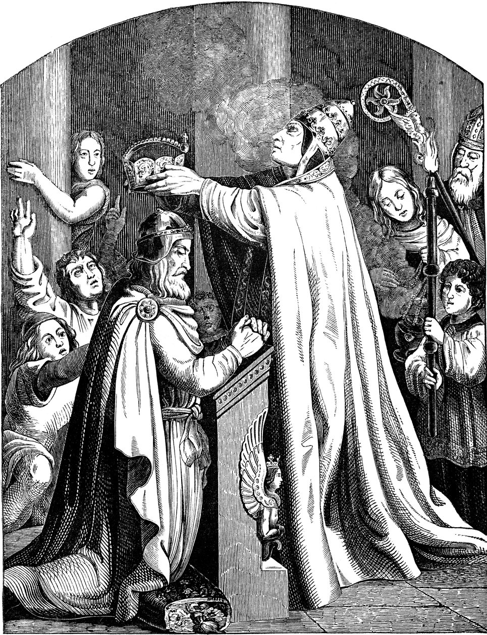 De kroning van keizer Karel de Grote door paus Leo III Illustratie uit de Geschichte des deutschen Volkes door E. Duller, 1840 door Johann Jakob Kirchhoff