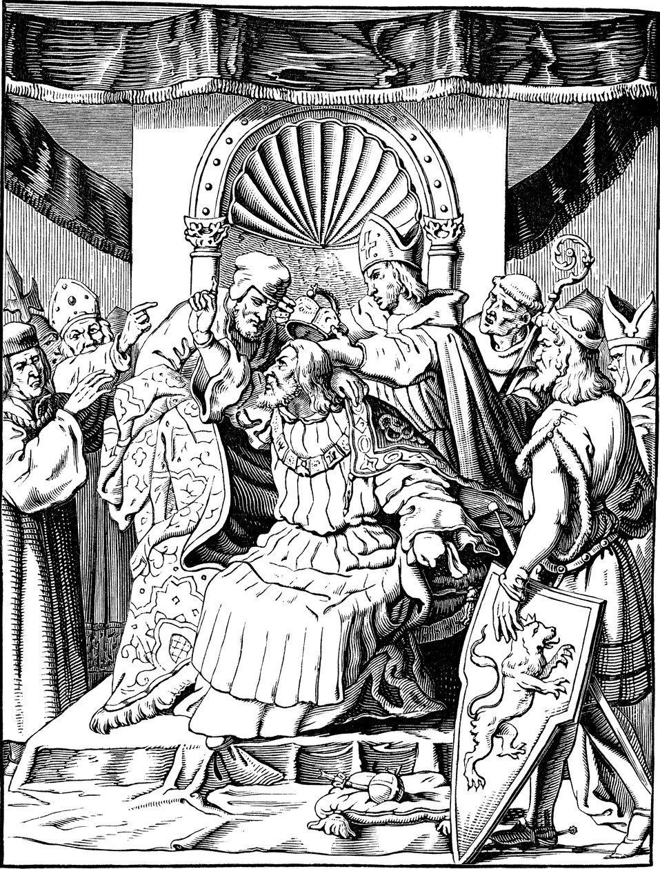 De abdicatie van keizer Hendrik IV in Ingelheim Illustratie uit de Geschichte des deutschen Volkes door E. Duller, 1840 door Johann Jakob Kirchhoff