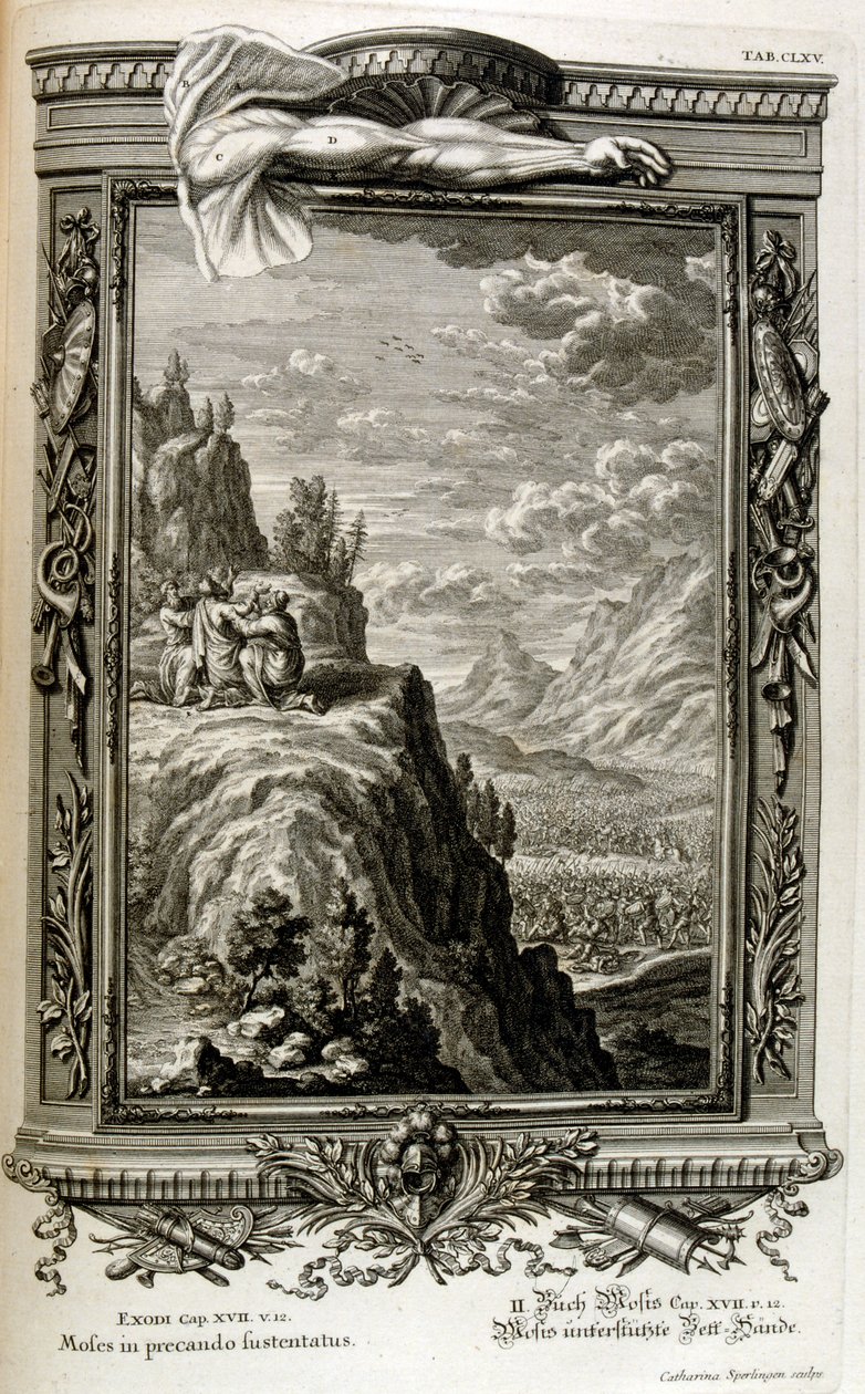 Aäron en Hur ondersteunen de hand van Mozes op de Sinaï, toen de Israëlieten naar de Sinaï vluchtten, Exodus uit Egypte door Johann Jakob Scheuchzer