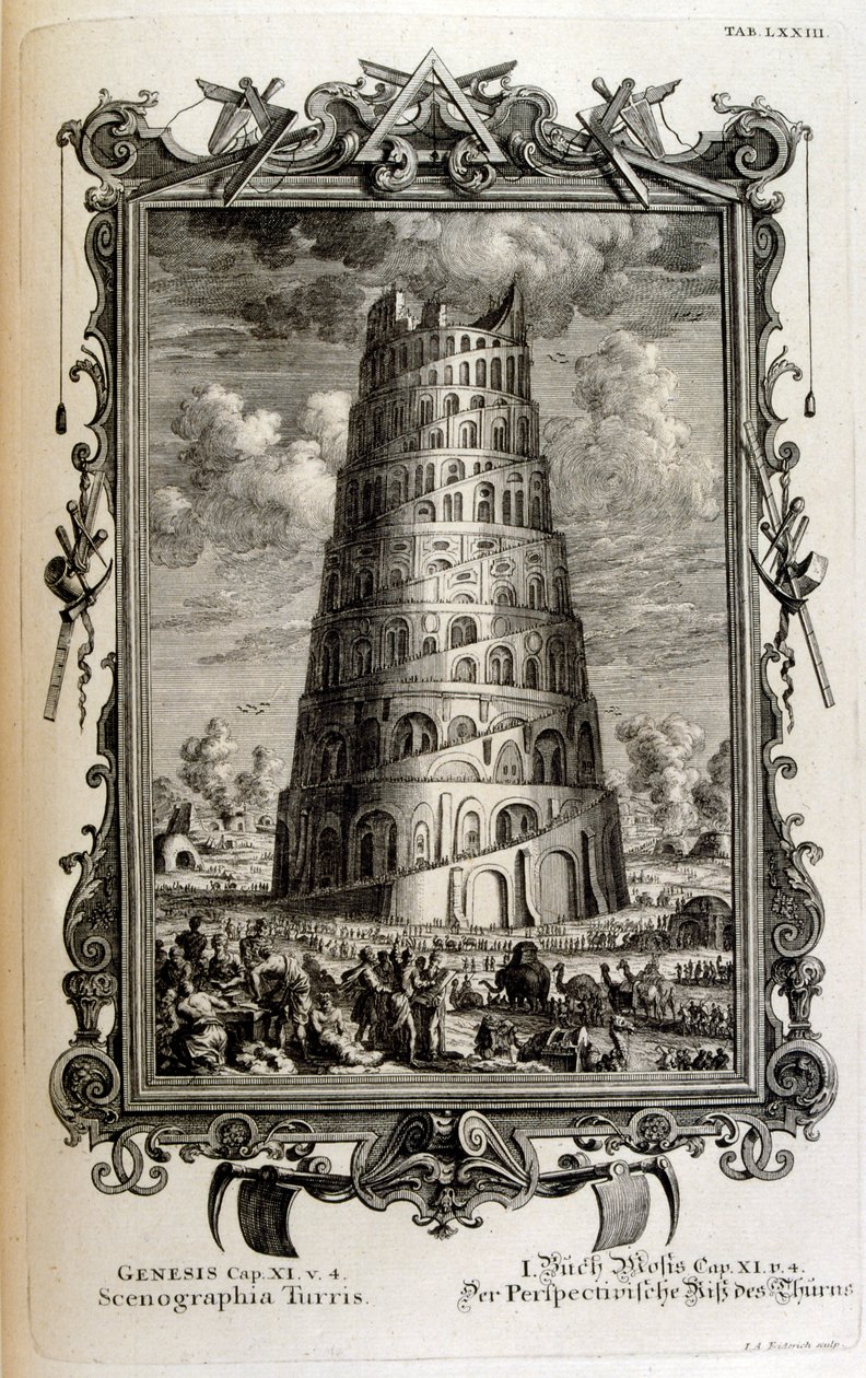 Plan van de Toren van Babel gezien vanaf de zijkant door Johann Jakob Scheuchzer