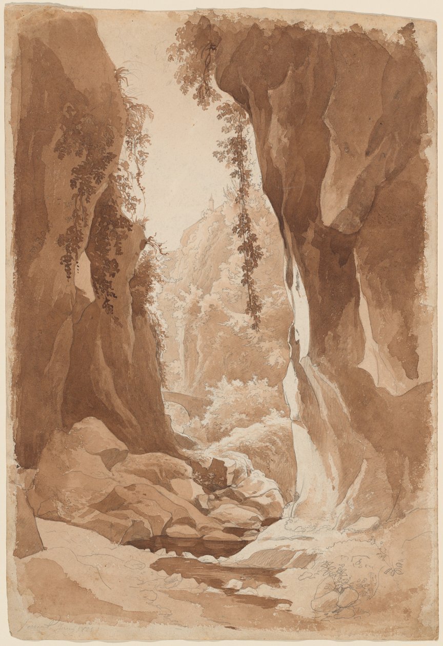 Kliffen die over een rivierkloof bij Sorrento hangen (recto) door Johann Joachim Faber
