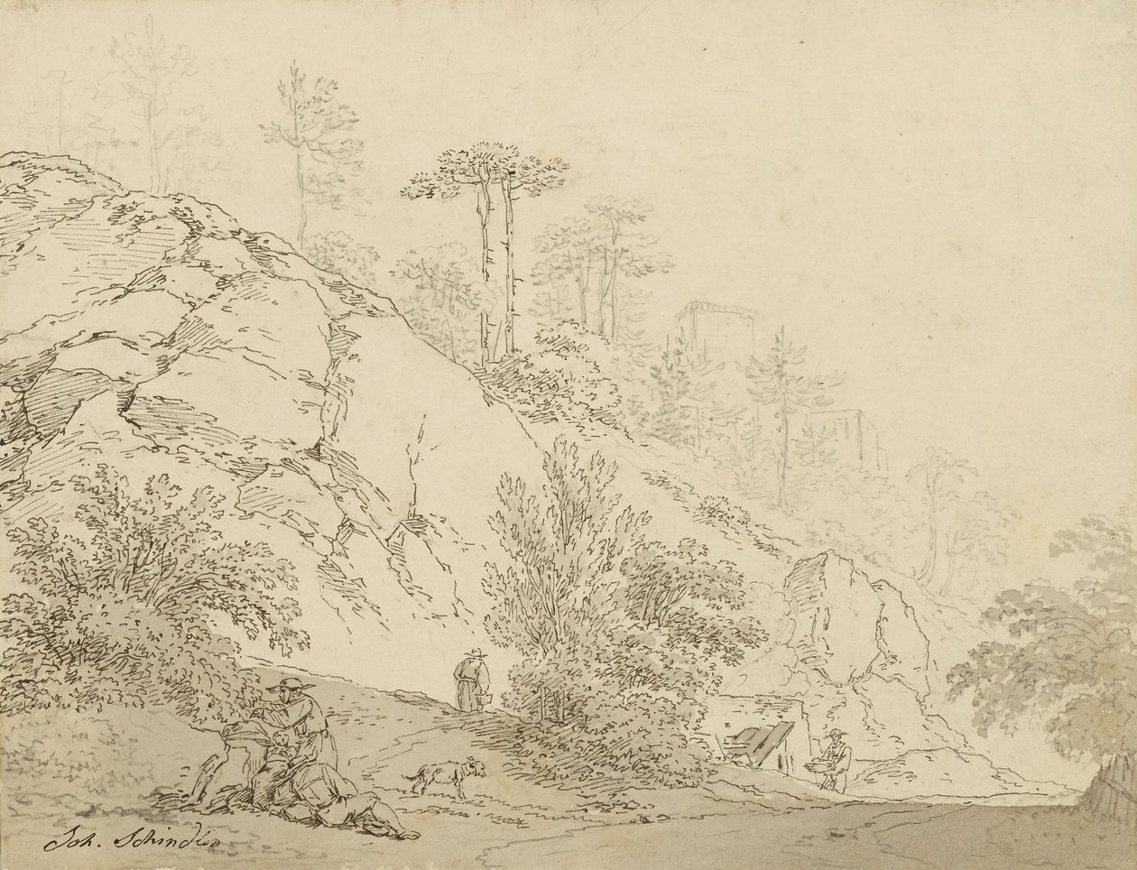 Boeren rustend in rotsachtig terrein, op de achtergrond een kasteel door Johann Josef Schindler