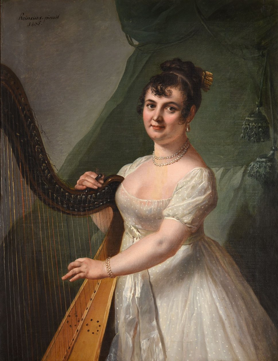 Portret van Anne Rose Debas, Mme Delaroche, spelend op de harp door Johann Julius Heinsius