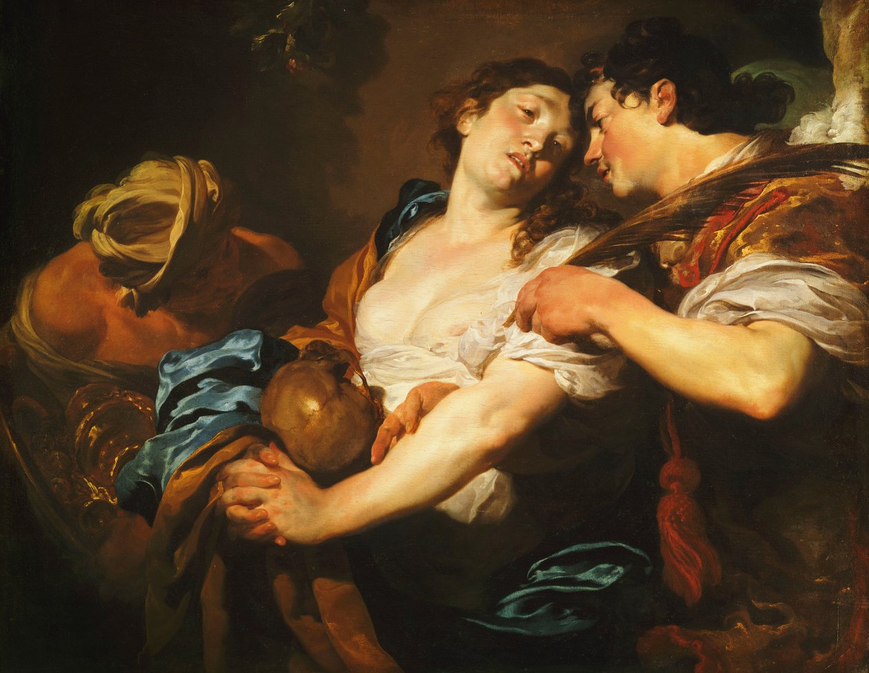 Een berouwvolle zondaar die zich afwendt van verleiding en een palm van redding aangeboden krijgt door een engel door Johann Liss or Lis or von Lys