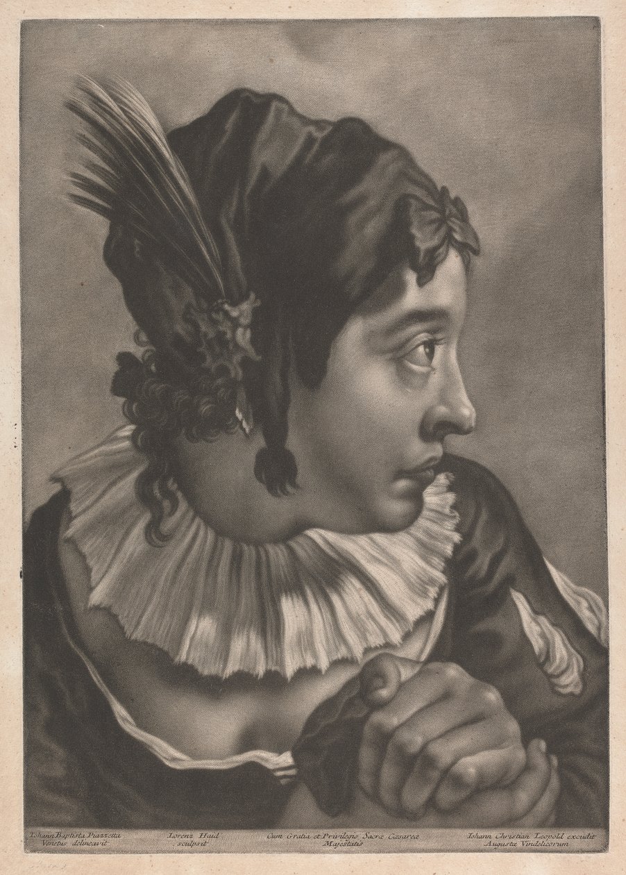 Portret van een vrouw met een veer door Johann Lorenz Haid